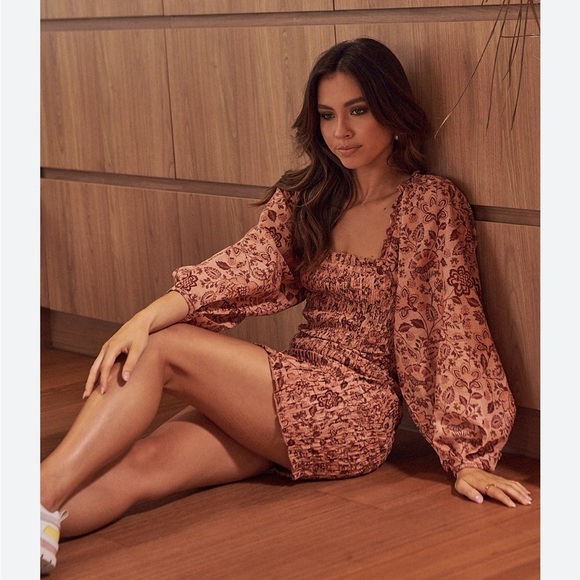 NWOT FREE PEOPLE Smock It To Me Mini Dress Ruffle Floral Printed Smocked Bodycon - Picture 4 of 14